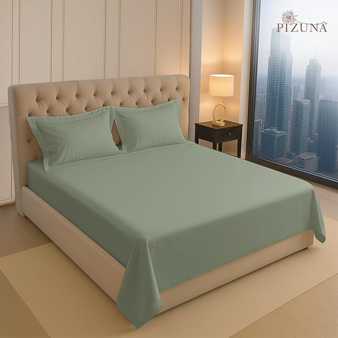 Pizuna Pure 100% Cotton Flat Sheets Only King Sea Foam (1 PC), Luxurious 400 Thread Count Long Staple Cotton Sateen with 4" Hem (Combed King Flat Sheet Only Cotton) - Image 2