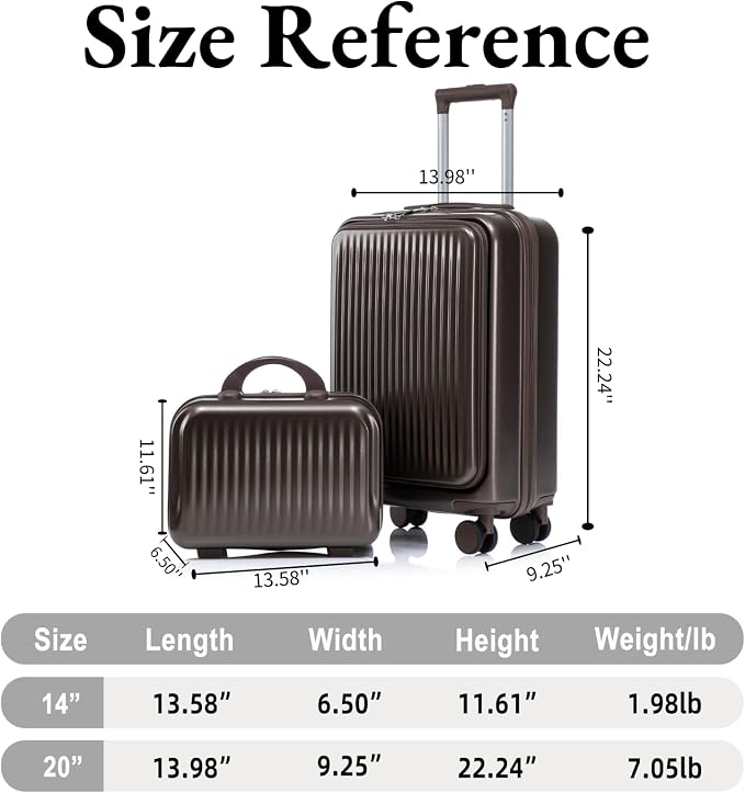 2 Pcs ABS Spinner Luggage Set - 14" Cosmetic Case & 20" Carry-On with Combination Lock, Front Opening Design, Brown - Image 7