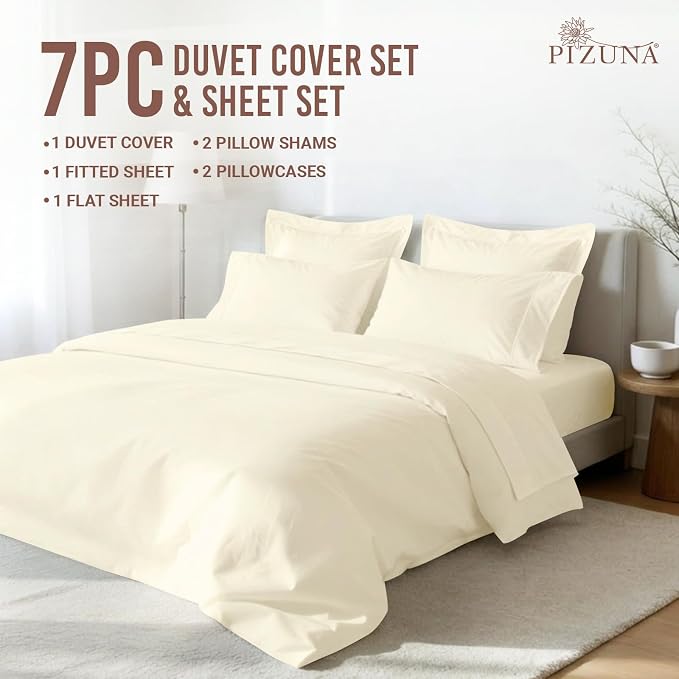 Pizuna Pure 100% Long-Staple Cotton Duvet Cover + Sheet Set Full, Luxurious 400 Thread Count Long Staple Cotton, Soft Sateen Weave Bedding Set (Ivory) - Image 3