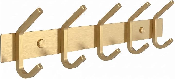 Brushed Gold Wall Mounted Coat Rack – 15 Inch Stainless Steel Rail with 5 Double Coat Hooks for Entryway, Bathroom, Bedroom, Kitchen – Modern Gold Hook Rack for Coats, Hats, Towels by SAYONEYES
