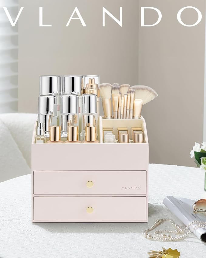 VLANDO Makeup Organizer,Skincare Organizer for Vanity，PU Leather Make up Organizer with Drawers Cosmetic Display Case for Countertop,Perfume,Gifts Ideas for Women (Apricot White) - Image 7