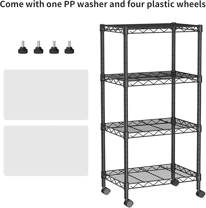 Golpart Small 4 Tier Shelves Storage Wire Shelving Unit Metal Shelf Adjustable Organizers Storage Shelving with Wheels for Bathroom Laundry Room Kitchen Pantry11.7”D x 17.7”W x 44.8”H Black - Image 4