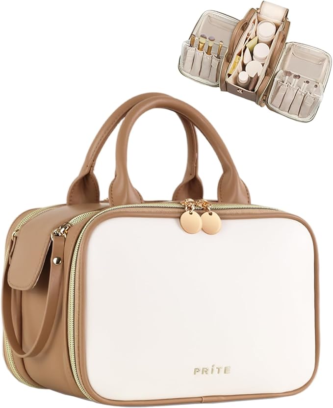 Prite Travel Makeup Bag Women’s Large Capacity Waterproof Cosmetic Organizer Portable Open Flat Toiletry Case with Free-standing Brush Holder and Handle(Beige Brown Medium) by Prite