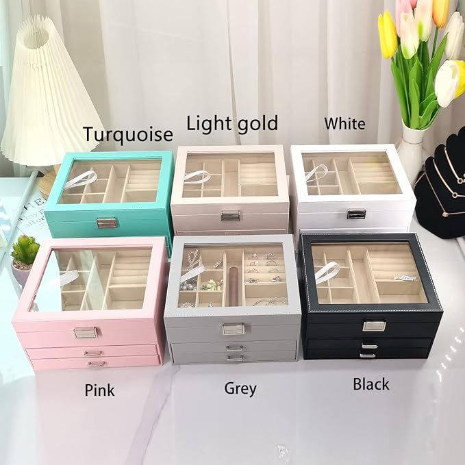 BOOVO Clear Lid Jewelry Box,3 Layers Jewelry Organizer Large Jewelry Storage Box with 2 Drawers,Jewelry Holder Organzier of Rings Earrings Necklace Bracelets for Women (Black, 3 Layer) - Image 9