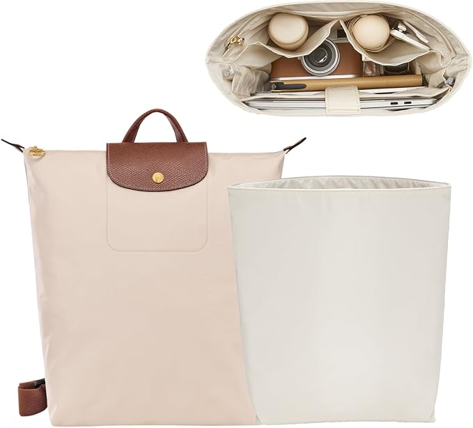 Soft Nylon Purse Organizer Insert for Longchamp Le Pliage M Backpack,Waterproof Lightweight with Laptop Compartment Long Champ Medium Backpack,Upgrade Taller Bag Insert with Cup Holder, Beige by OAIKOR