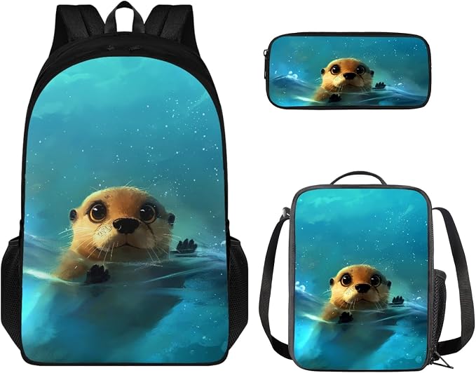 Coloranimal Cute Otter 3Pcs Backpack Set School Bag for Children Boys Girls Lightweight Book Bag+Insulated Lunch Bag+Pencil Case Hiking Camping Travel Bag by Coloranimal