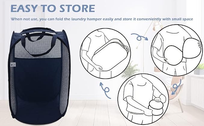 AQQA 6 Pcs Handy Laundry Collapsible Mesh Foldable Hampe (Black/White/Blue),Popup Laundry Basket with Durable Handles,Pop-up Mesh Hamper Dirty Clothes Basket for Kids Room, College Dorm or Travel - Image 7