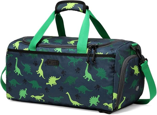 Kids Duffle Bag,VASCHY Travel Bag for Toddler Children Boys Water Resistant Overnight Duffel Ballet Dance Sport Carry On Weekender Bag with Shoes Compartment Dry Wet Pocket Green Dinosaur by Vaschy