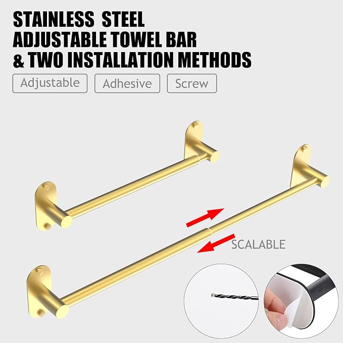 Towel Bar, Adjustable 16.7inch–28.5inch Towel Rack, Self Adhesive Towel Racks for Bathroom Wall Mounted, 304 Stainless Steel Hand Towel Holder, for Kitchen Use (Gold, 1Pack) - Image 3