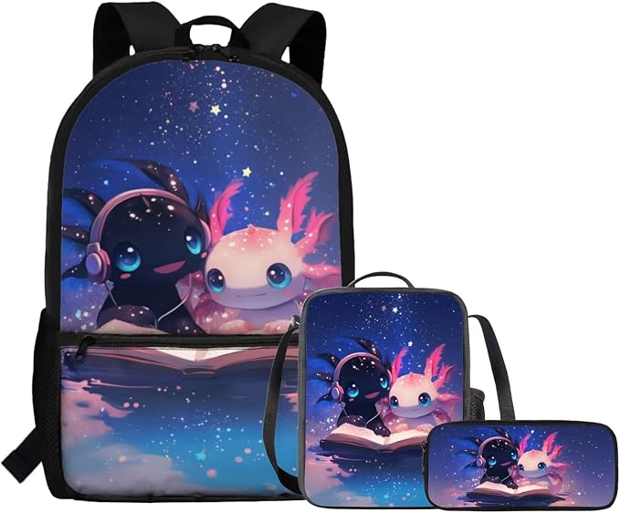 Axolotl Backpack and Lunch Box for Girls 6-8/5-7 Book Lover Bookbag with Lunch Bag Set 3PCS Galaxy Space Elementary School Back Pack Kids Primary Book Bags Lunchbox Pencil Case Kindergarten - Image 7