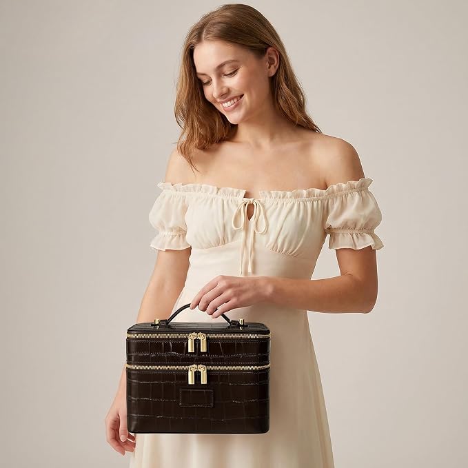 HiTotes Large Makeup Bag Crocodile Duo Vanity Case for Women Travel Toiletry Bag Leather Makeup Case Cosmetic Bag - Image 5