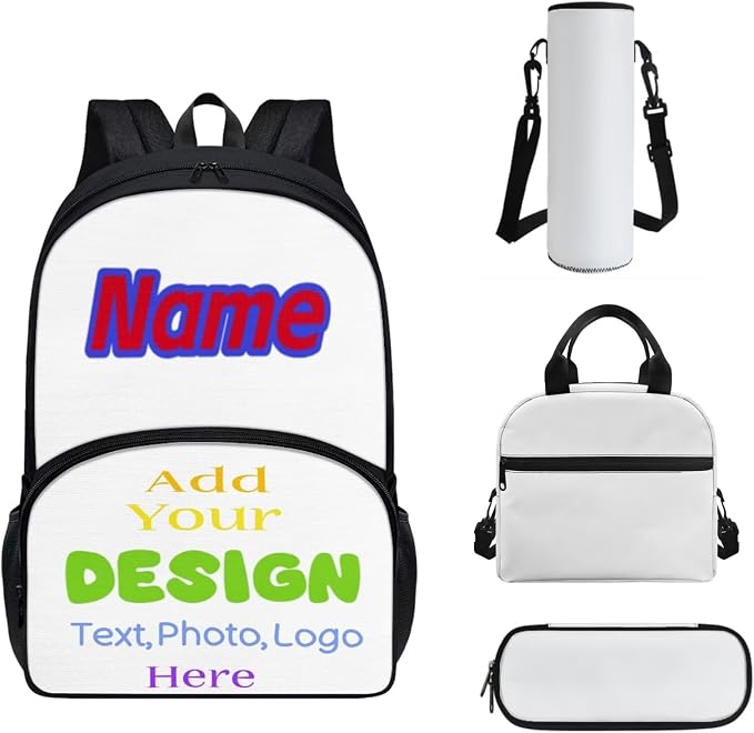 Personalize School Backpack Set 4 Pcs Custom Design Schoolbag SetsAdd Name,Photo,Text,Logo Bookbag for Primary,Secondary School,Back to School Gift by Chririnla