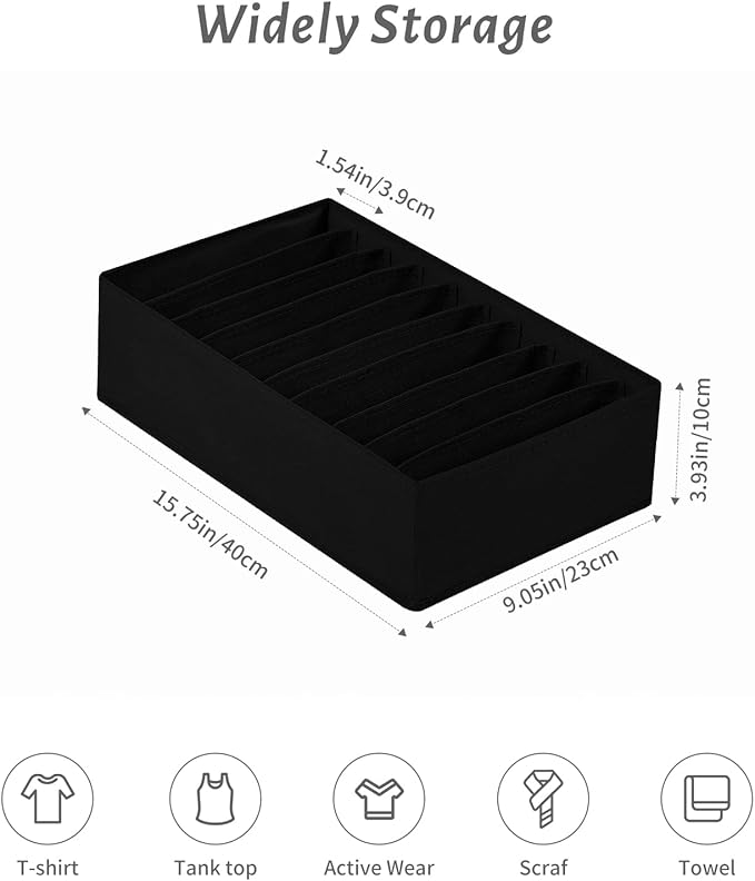 4 Packs T-shirt Drawer Organizers for Clothing,10 Grids Compartment Wardrobe Storage Box, Washable Clothes Organizer for Folded Clothes, T-shirt, Legging-Black - Image 4