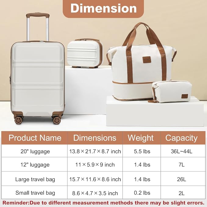 Kono Luggage Set 4 Piece Carry On Hardside Luggage with Spinner Wheels | Lightweight PC+ABS Carry On Suitcase with TSA Lock Cream White - Image 7