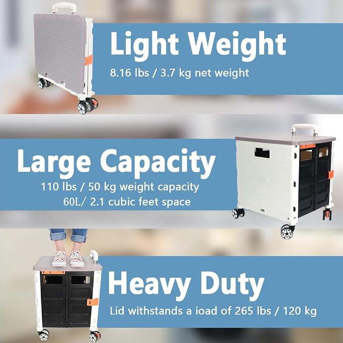 FELICON SELORSS Foldable Utility Cart Folding Portable Rolling Crate-White | Durable,Heavy Duty,Plastic Box,Telescoping Handle,4 Rotate Wheels,Collapsible Handcart for Travel Shop Move Luggage Office - Image 3