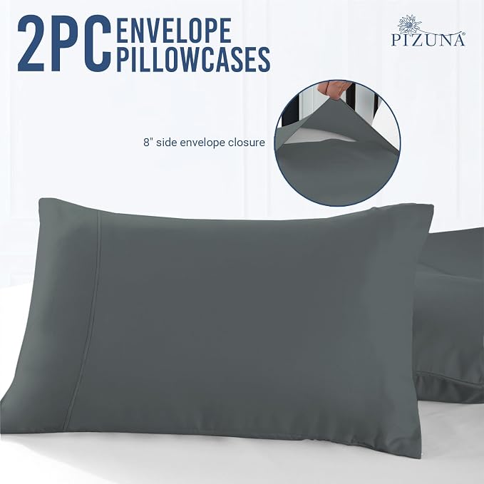 Pizuna 100% Cotton Pillow Cases King Size Set of 2 Luxury 1000 Thread Count Sateen Weave Long Staple Cotton Hotel Quality Envelope Closure Pillow Covers Fits King Pillows - Dark Grey - Image 3