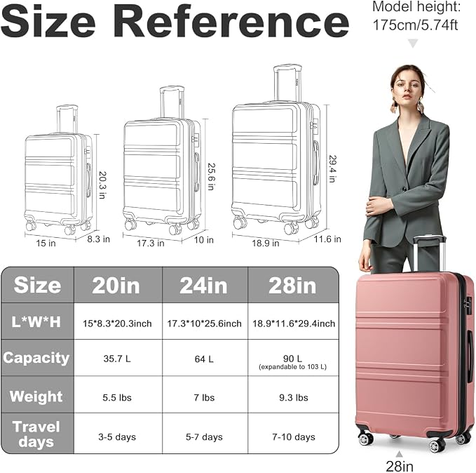 Kono 28 Inch Luggage Expandable Suitcase with Spinner Wheels TSA Lock | Lightweight PC+ABS Hardside Large Checked Luggage Durable Rolling Suitcase Nude/Rose Pink - Image 6