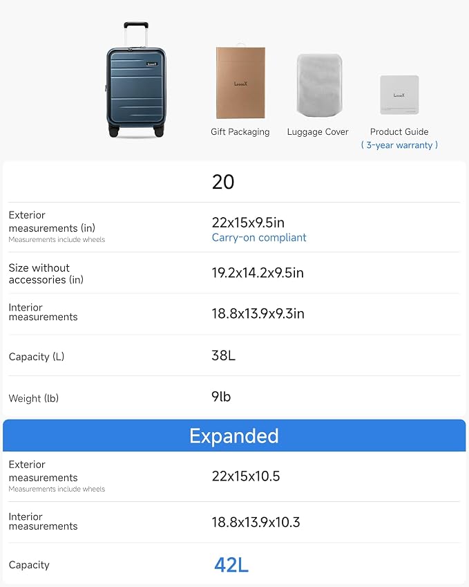 LUGGEX Carry On Luggage 22x14x9 Airline Approved, Expandable Polycarbonate Suitcase with Front Pocket (FX-Core, Blue, 20 Inch) - Image 8