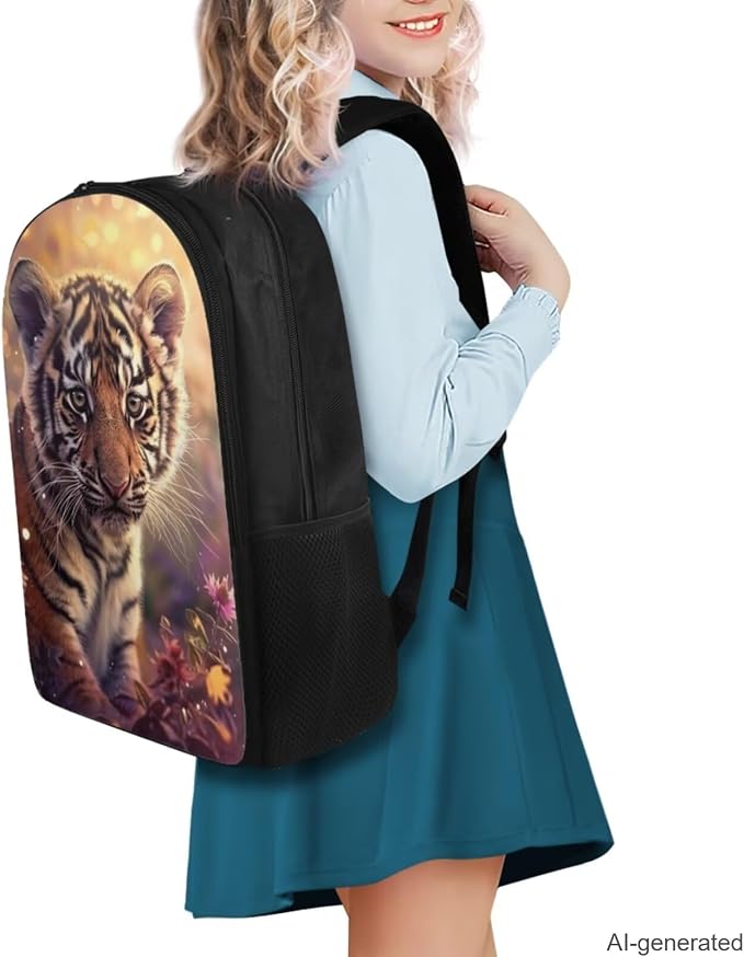 Tiger Backpack for Kids Girls Backpack with Lunch Box Water Bottle Carrier and Canvas Pencil Pouch 4PCS Set Cute Bookbag with Compartments 17 inch Sturdy School Bag with Side Pocket for Boys - Image 2