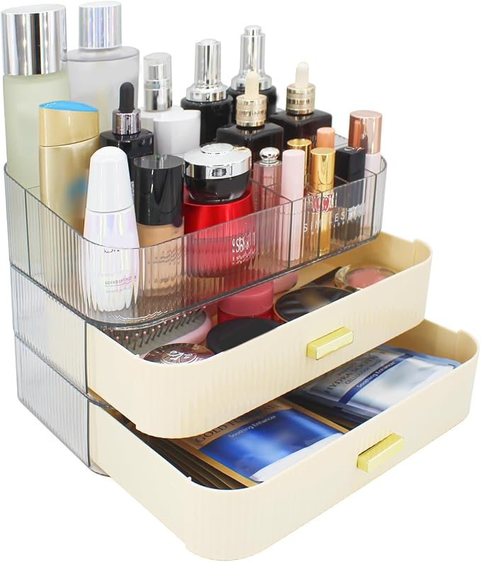 Makeup Organizer with 2 Drawers, Cosmetics Organizer for Bedroom and Bathroom Vanity Countertops, Large Capacity Cosmetic Storage Box for Skincare Cream Perfume Lipstick Dresser Counter-White by JONKASIPA