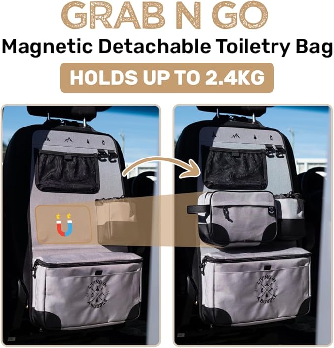 Living in a Bubble Seat back Organizer – Magnetic Toiletry and Cooler Pouch, Cordura Car Backseat Storage with Device Holder & Hooks, Multi-Compartment Utility Bag for Campervans & Family Travel - Image 2