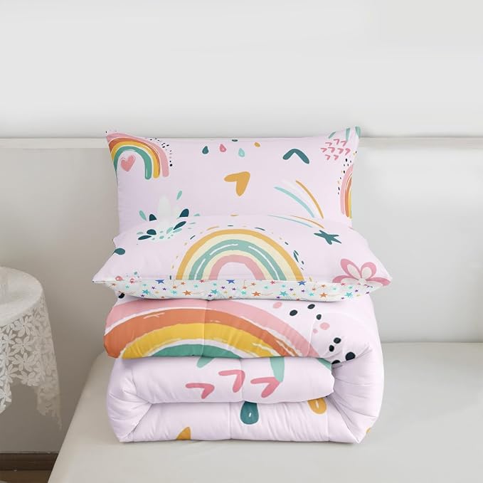 Erosebridal Rainbow Queen Bedding Sets for Girls 3 Pcs, Cute Flowers Comforter Set Cartoon Rainbow Ripple Quilt, Colorful Kawaii Cloud Duvet Insert for Kids Boys Children Women Bedroom Decor, Pink - Image 7