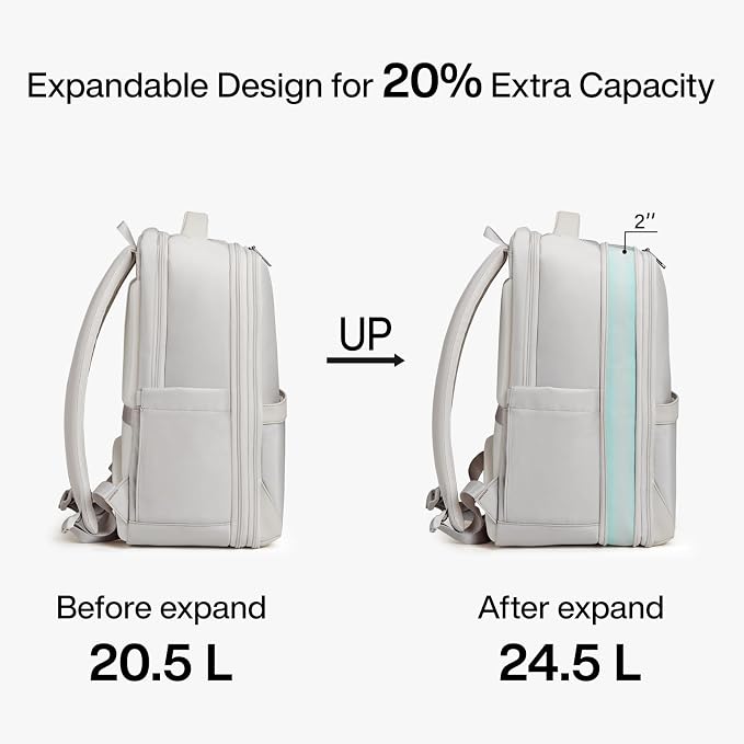 Hanke Expandable Travel Backpack 16 Inch, Full-Open Laptop Backpack, Grey | Fits 15.6 Inch Laptop, Water-Resistant, Carry On Personal Item Bag, 20L-25L, Trolley Sleeve, Business Work Bag for Women Men - Image 4