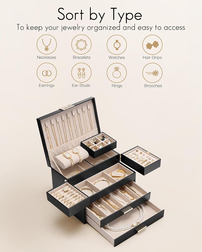 VLANDO 4 Layers Jewelry Box - Women Jewelry Box with Retractable Tray - Jewelry Organizer with Drawer for Necklaces, Rings, Bracelets, Earrings, Gift for Couples Mom Girls - Black - Image 5