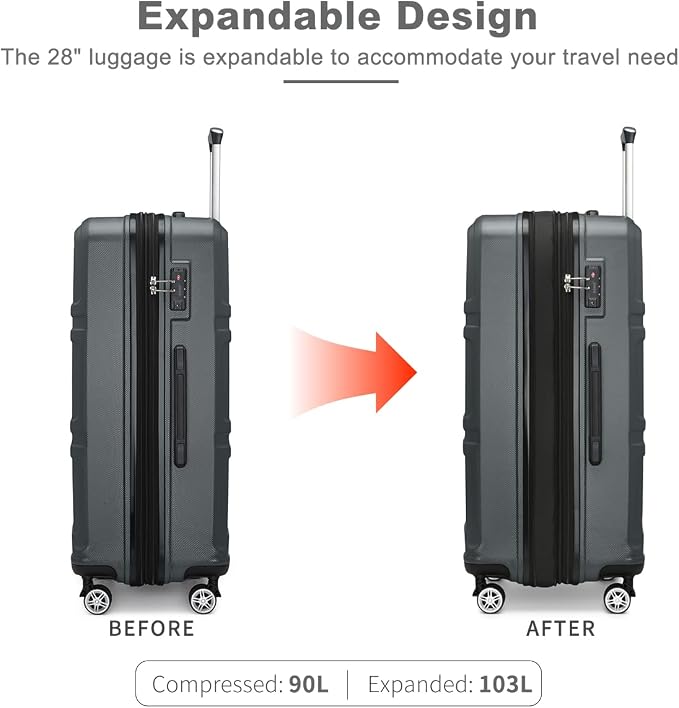 Kono 28 Inch Luggage Expandable Suitcase with Spinner Wheels TSA Lock | Lightweight PC+ABS Hardside Large Checked Luggage Durable Rolling Suitcase Grey - Image 3