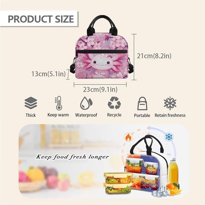 Axolotl Kids Backpack for School Girls Axolotl School Bookbag with Lunch Box Pencil Case Set 3Pcs Floral Kids 17inch Cute Schoolbag Primary Middle School - Image 5