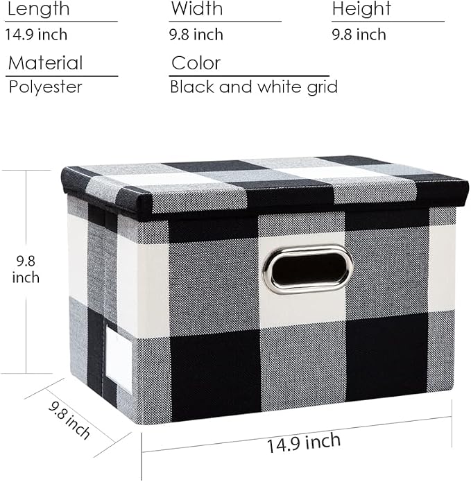 PRANDOM Collapsible Storage Bin with Lid [3-Pack] Fabric Foldable Storage Box Organizer Container Basket Cube with Cover for Home Bedroom Closet Office Nursery Black and White Grid(14.9x9.8x9.8) - Image 3