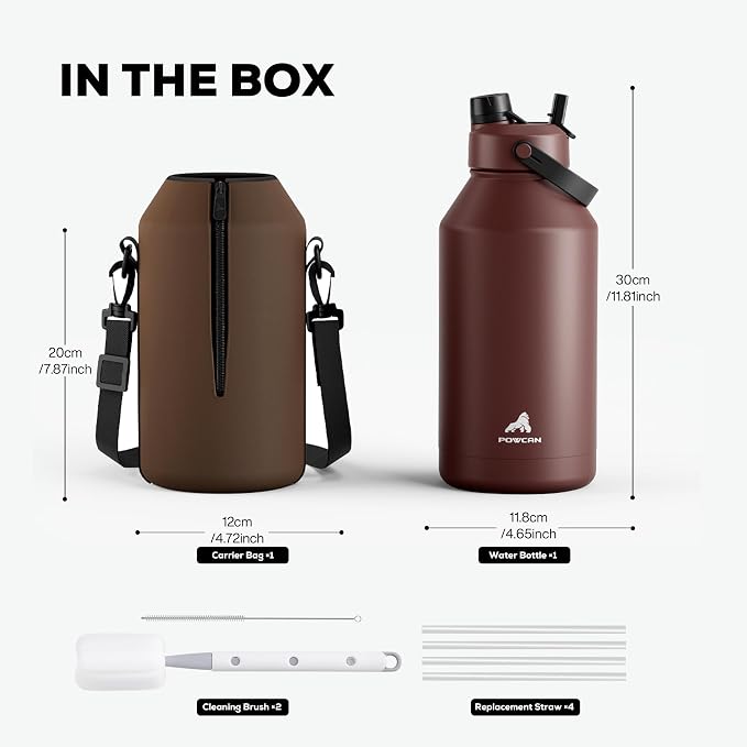 POWCAN 64 oz Insulated Water Bottle with Carrier Bag, Leakproof, Straw and Spout Lid, Keep Cold 48H, Cleaning Brush, BPA-Free, Stainless Steel Water Bottle for Travel, Sports and Picnic (Cocoa) - Image 4