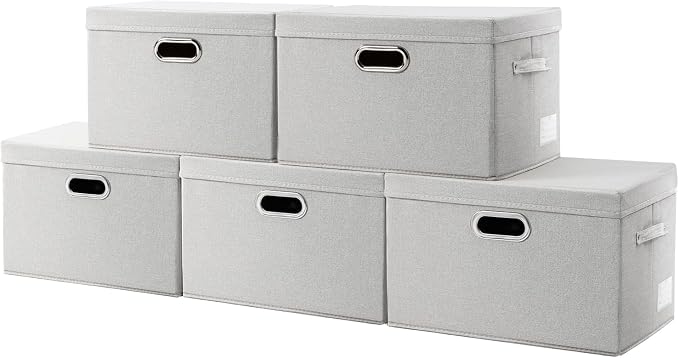 PRANDOM Collapsible Storage Bin with Lid [5-Pack] Fabric Foldable Storage Box Organizer Container Basket Cube with Cover for Home Bedroom Closet Office Beige(15.3x10x9.7) by Prandom