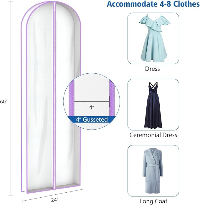 Zilink Breathable Dress Bags for Gowns 72" Clear Wedding Dress Garment Bag Dress Bags for Hanging Clothes with 4" Gussted for Long Evening Dresses, Fur Coat, Long garment Bags for Gowns, Set of 2 - Image 2