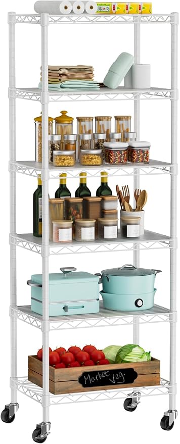 Golpart Small 6 Tier Shelves Storage Wire Shelving Unit Metal Shelf Adjustable Organizers Storage Shelving with Wheels for Bathroom Laundry Room Kitchen Pantry11.7”D x 17.7”W”W x 61.6”H White by Golpart