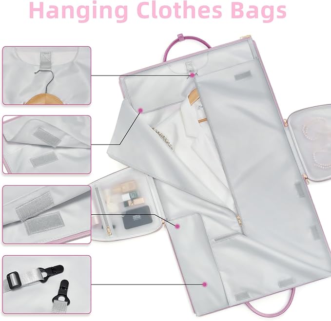 Garment Bags for Travel, 2-in-1 Convertible Travel Garment Duffle Bag for Women, Foldable Carry On Garment Bag with Shoe Compartment & Toiletry Pocket, PU Leather Weekender Bag, Pink-White - Image 4