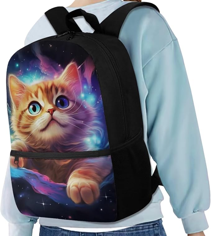 Galaxy Cat Backpack for School Girls Backpack with Lunch Box Water Bottle Holder with Strap and Cute Pencil Case 4PCS Set Bookbag with Front Pocket 17 inch Large Capacity School Bag for Kids - Image 2
