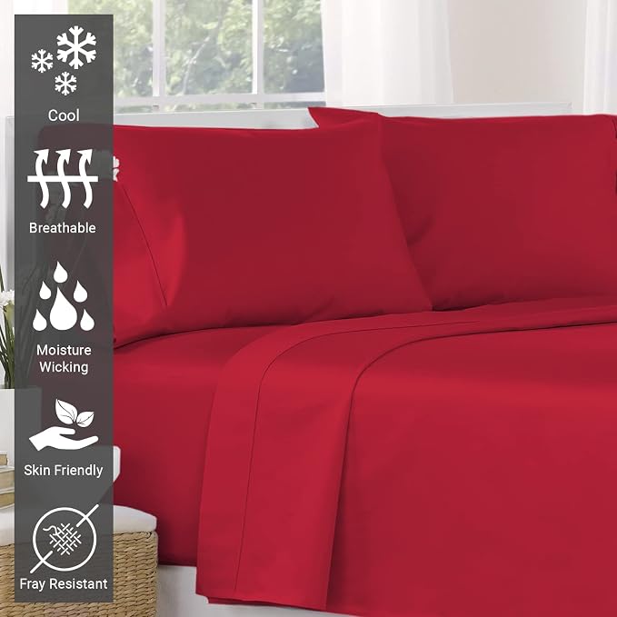 Pizuna Pure 100% Cotton Flat Sheets Only Twin XL Red Burgundy (1 PC), Luxurious 400 Thread Count Long Staple Cotton Sateen with 4inch Hem (Combed Twin XL Flat Sheet Only Cotton) - Image 2