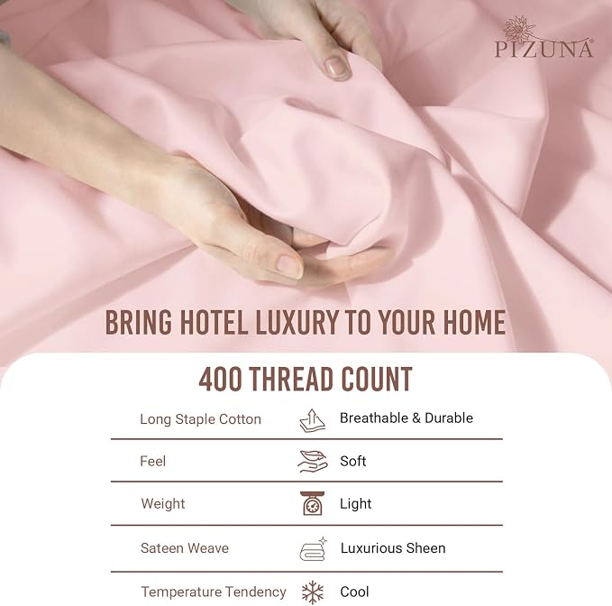 Pizuna Pure 100% Long-Staple Cotton Duvet Cover + Sheet Set Twin, Luxurious 400 Thread Count Long Staple Cotton, Soft Sateen Weave Bedding Set (Light Pink) - Image 5