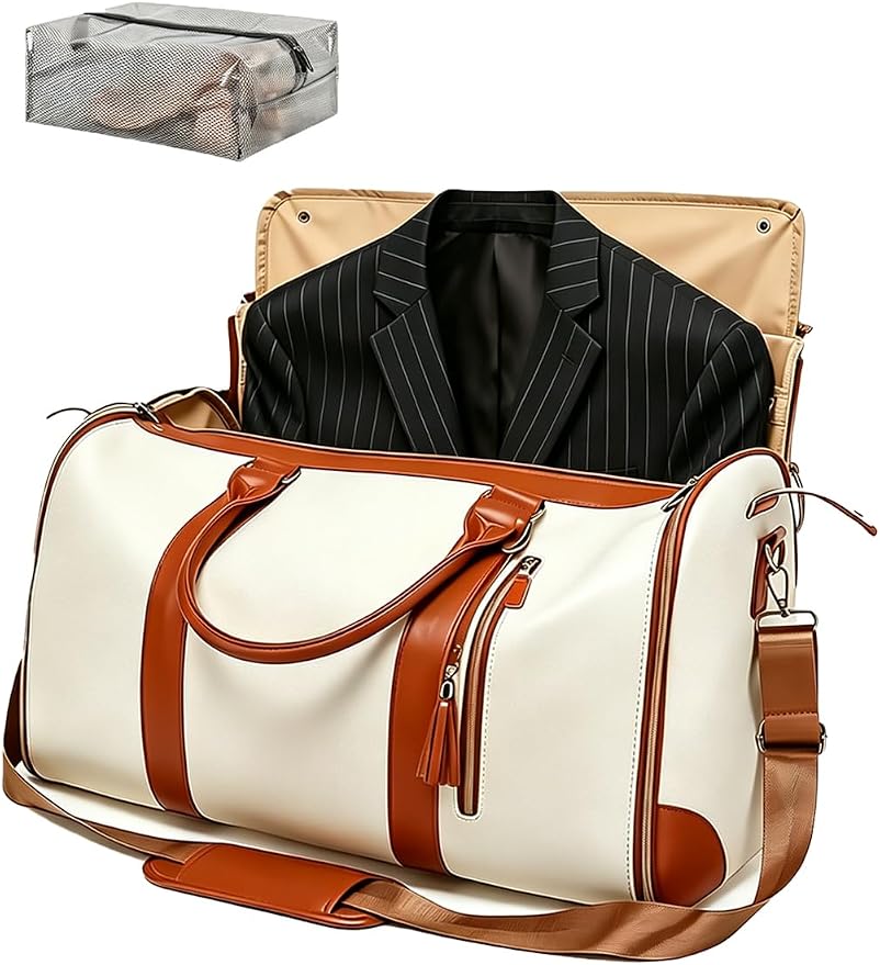 2 in 1 Convertible Garment Duffle Bags for Travel 45L Carry on Duffle Bag for Men & Women with Shoe Lmproved Zipper and Reinforced Straps Suitable for Business & Weekend Trips Beige by BSAKG