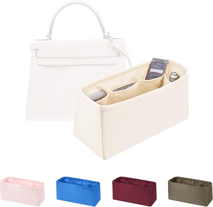 Women's Purse Organizer Insert - Satin & Lightweight Fabric with Inside Pockets, Portable for Commute, Travel, Shopping, and Evening, Multicolor Options, Fits for Kelly 32(Craie, KL32 Retourné) by KINGSINBAG