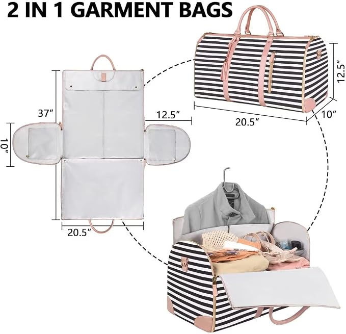 Ytonet Carry On Garment Bag, Large Hanging Duffle Bag for Women, PU Leather Waterproof Bags Travel with Shoe Pouch - 2 in 1 Suitcase Suit Bags, Black and White Stripe - Image 2