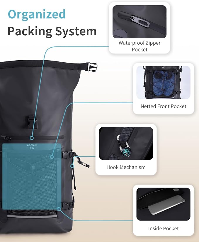 ECOHUB Waterproof Backpack for Women Men, 30L Roll-Top Closure Heavy Duty Dry Bag for Travel with IPX8 Waterproof Phone Case - Image 3