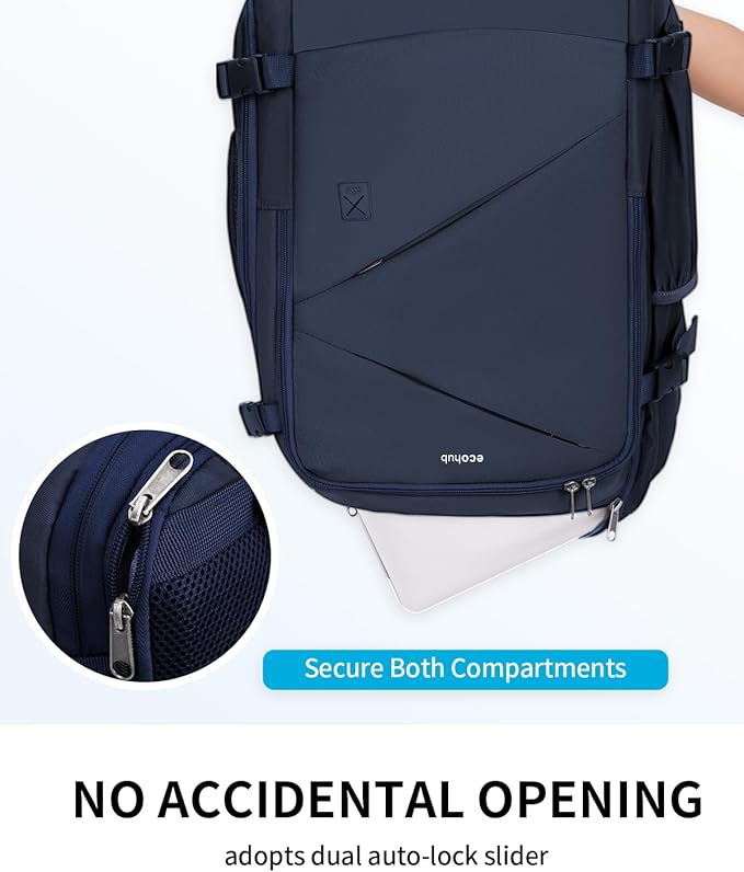 ECOHUB Carry On Travel Backpack, Expandable Airlines Personal Item Bag 18x14x8, Water Resistant 17 inch Laptop Backpack Flight Approved, 12 Pockets 30L Work Backpacks with Wet Pocket Cable Slot, Blue - Image 5