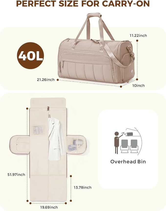 WANDF Convertible Garment Bags for Travel with Wet Pocket Carry on Garment Duffle Bag 2 in 1 Puffy Hanging Clothes Travel Bags with Shoe Compartment for Airplanes Business Weekend Gym Wedding (Khaki) - Image 6