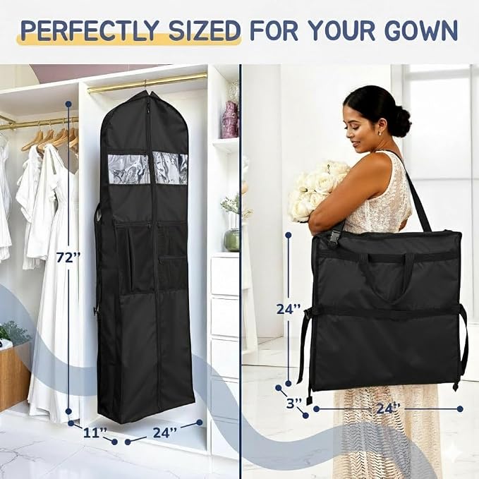 Wedding Dress Garment Bag 72" – Waterproof Trifold Travel Garment Bag for Bridal Gown with Shoulder Strap, Suitcase Sleeve & Accessory Pockets – Fits Full Skirts, Oxford Fabric, Carry Handle - Image 5