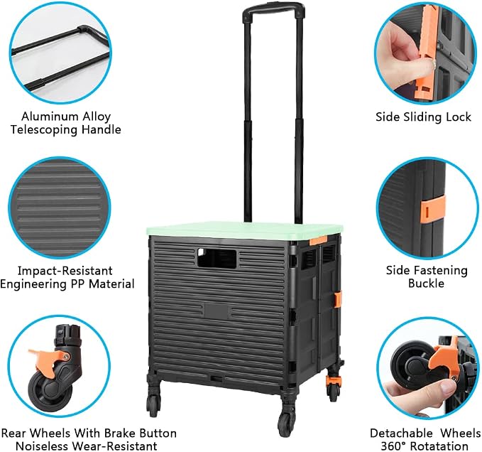 Quick Utility Cart Folding Portable Rolling Crate Handcart with Lid with Durable Heavy Duty Plastic Telescoping Handle Collapsible 4 Rotate Wheels for Travel Shopping Moving Luggage Office Use-Green - Image 3
