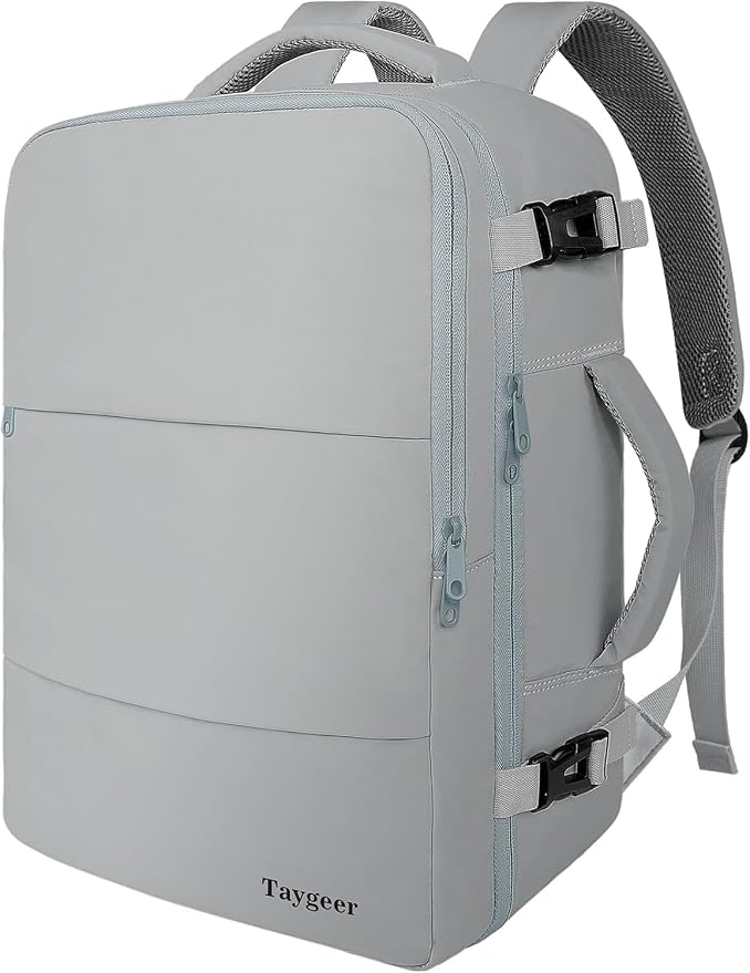 Taygeer Carry On Backpack for Men Women, Travel Backpack with Shoe Pouch | Laptop Mochila 17.3inch Flight Approved with Water Bottle Pocket, College Teacher Tote Bag for Business Travel, Grey by Taygeer