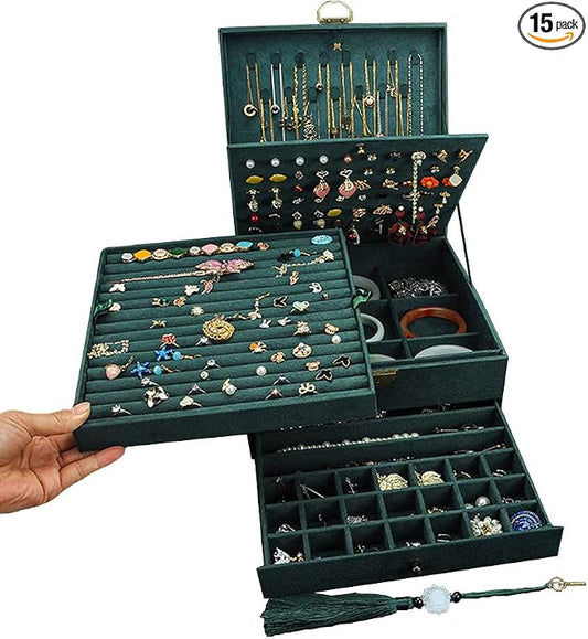 Jewelry Organizer 5 Layers Velvet Square Jewelry Box Women Necklace Ear studs Display Bangles Large Jewelry Storage Case Drawer GY306 (blackish green) by GYJOYERO