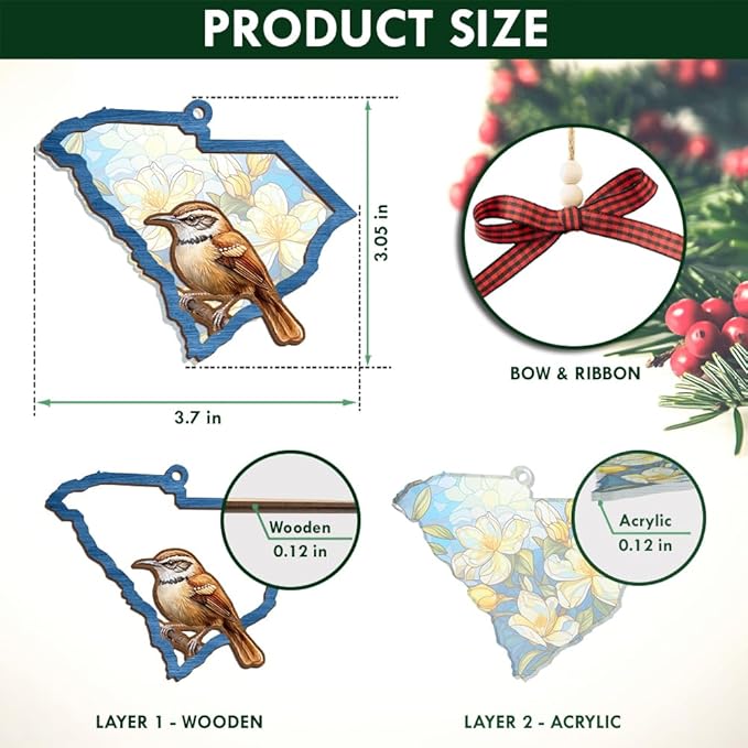 FLAGWIX Christmas South Carolina Gifts for Women Men - Suncatcher Christmas Ornaments 2025 for Xmas Decorations - House Warming Gifts for Men Women Family Friends, Stocking Stuffers for Carolina Decor